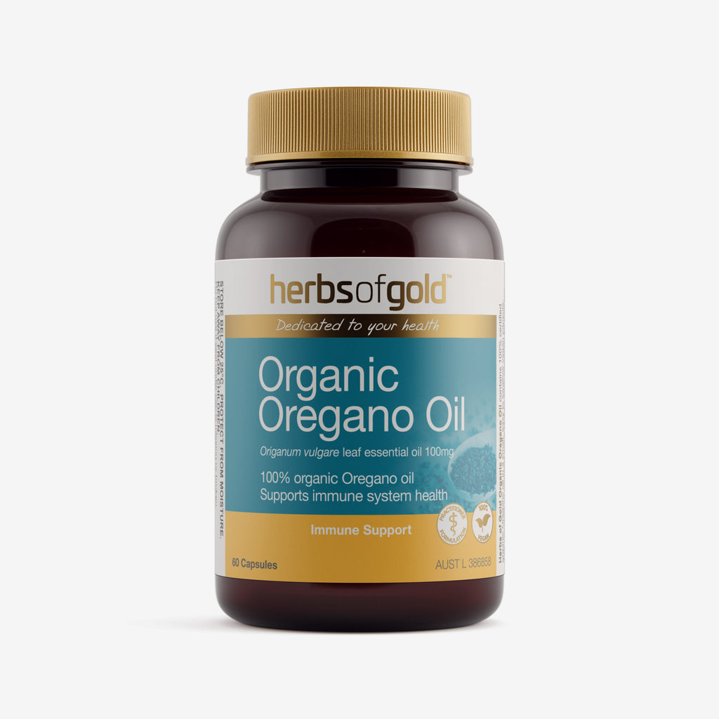 Front view of Herbs of Gold Organic Oregano Oil 60 capsules