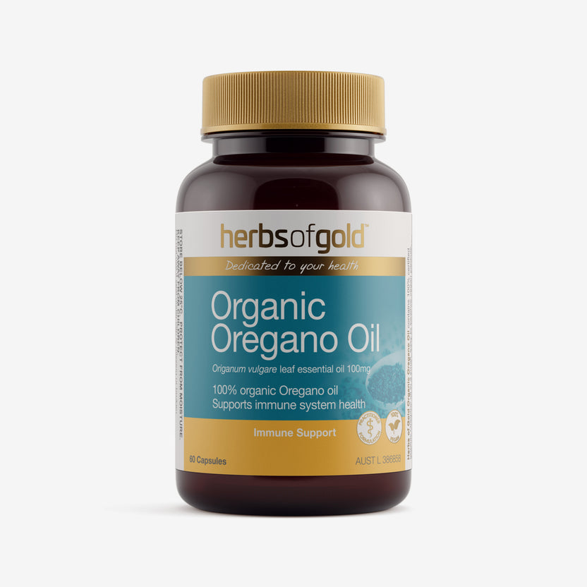 Front view of Herbs of Gold Organic Oregano Oil 60 capsules