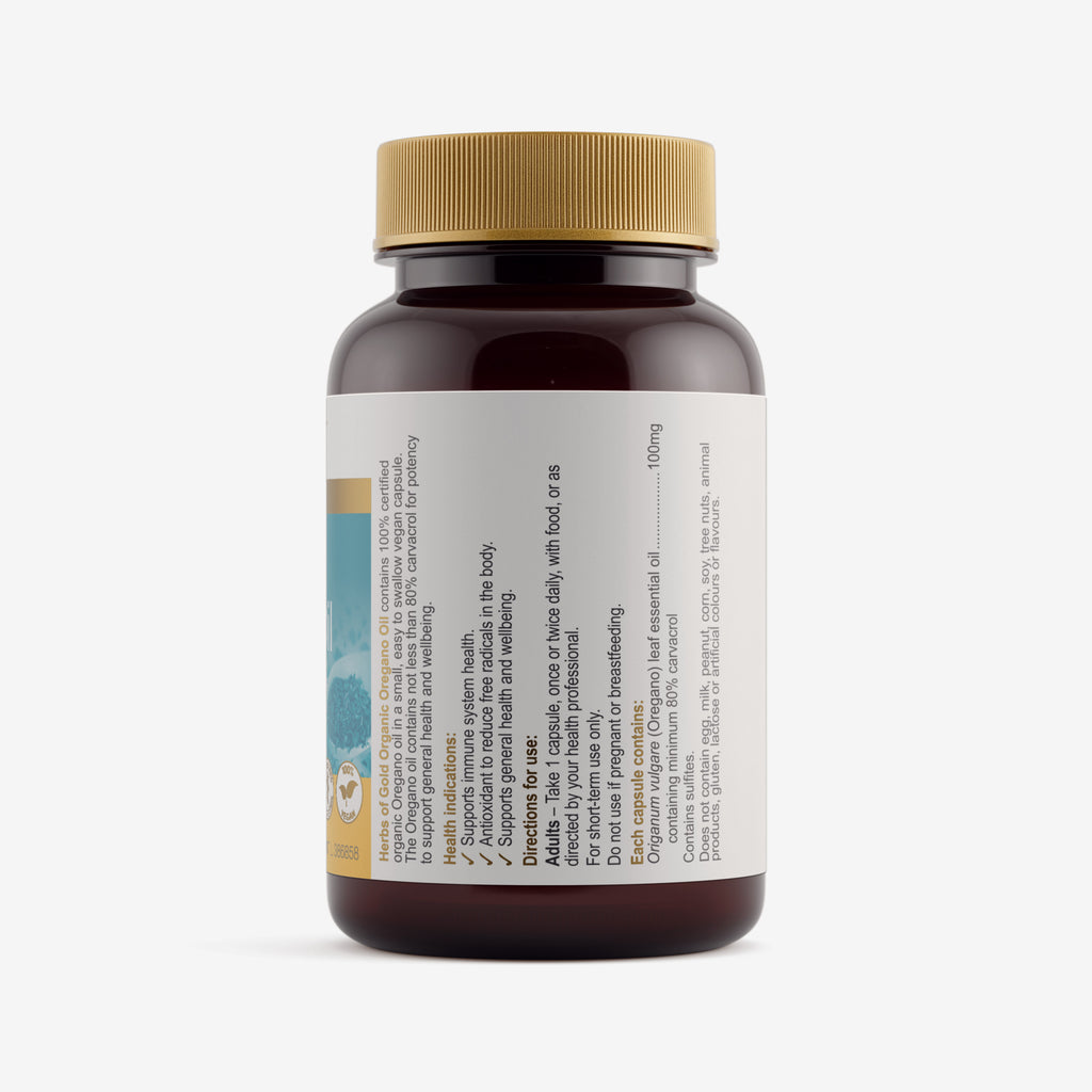 Ingredients panel for Herbs of Gold Organic Oregano Oil 60 capsules