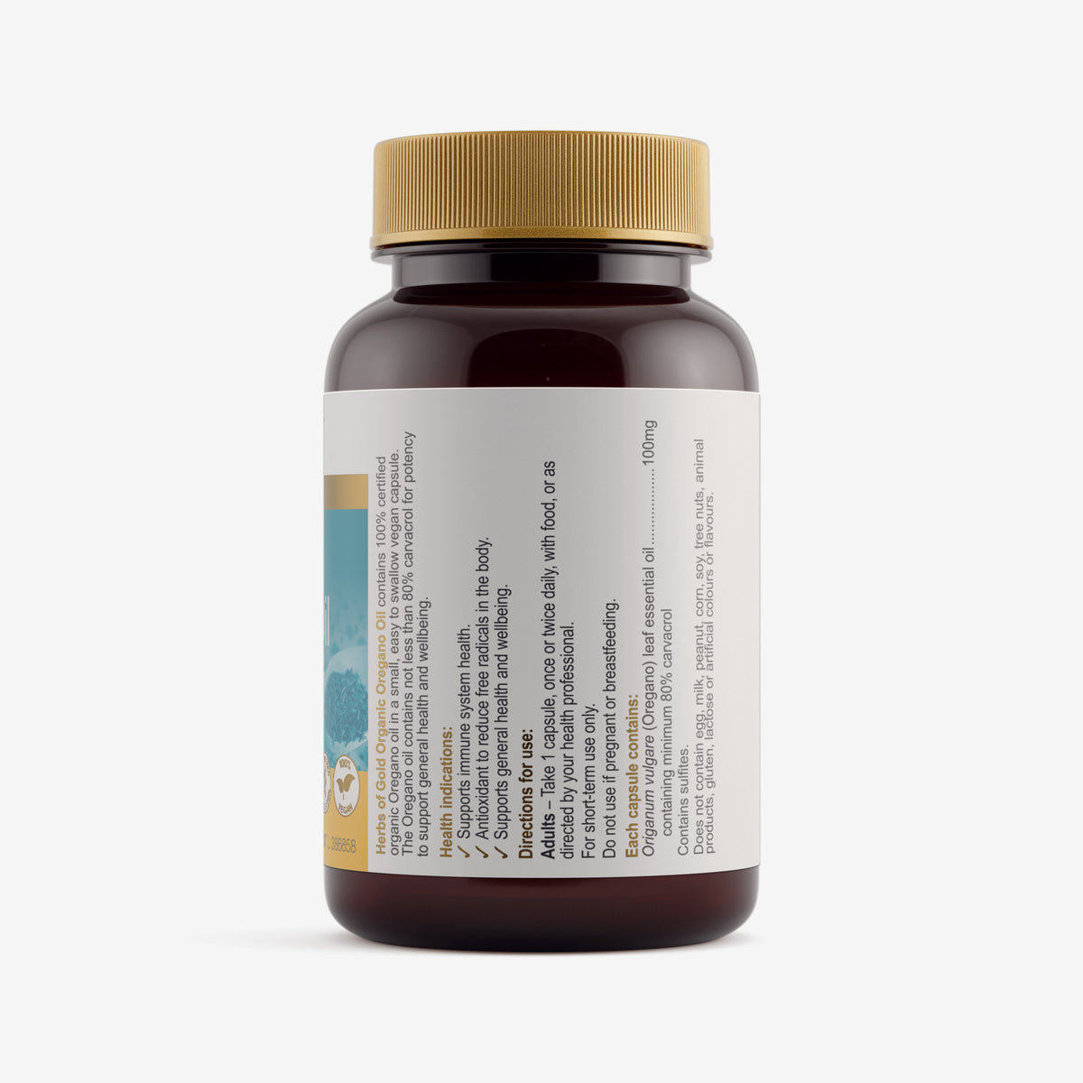 Ingredients panel for Herbs of Gold Organic Oregano Oil 60 capsules
