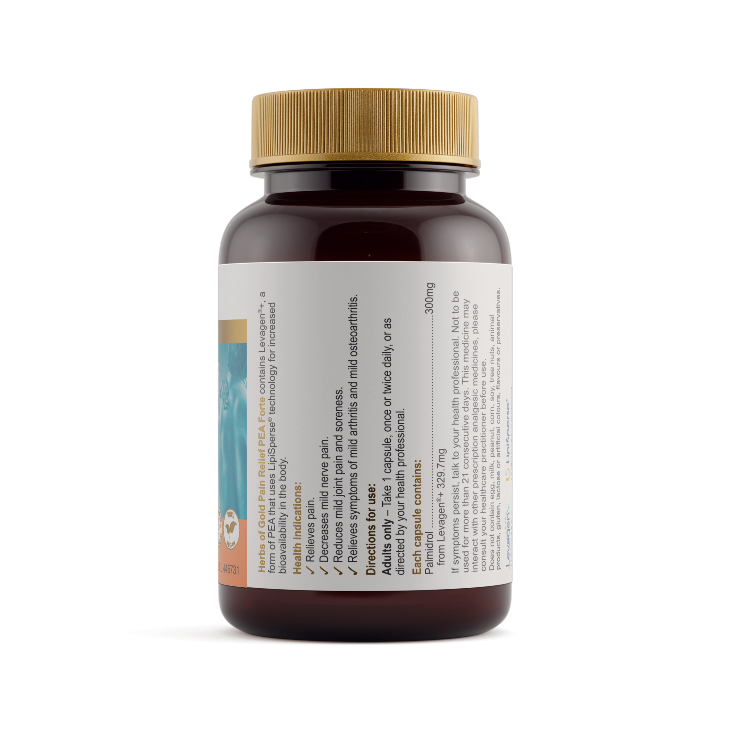 Ingredients panel for Herbs of Gold Pain Relief PEA Forte 42 capsules