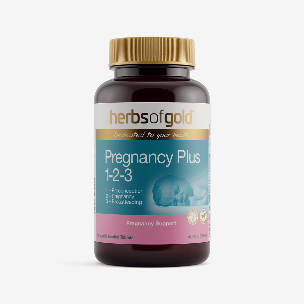 Front view of Herbs of Gold Pregnancy Plus 1-2-3 60 tablets