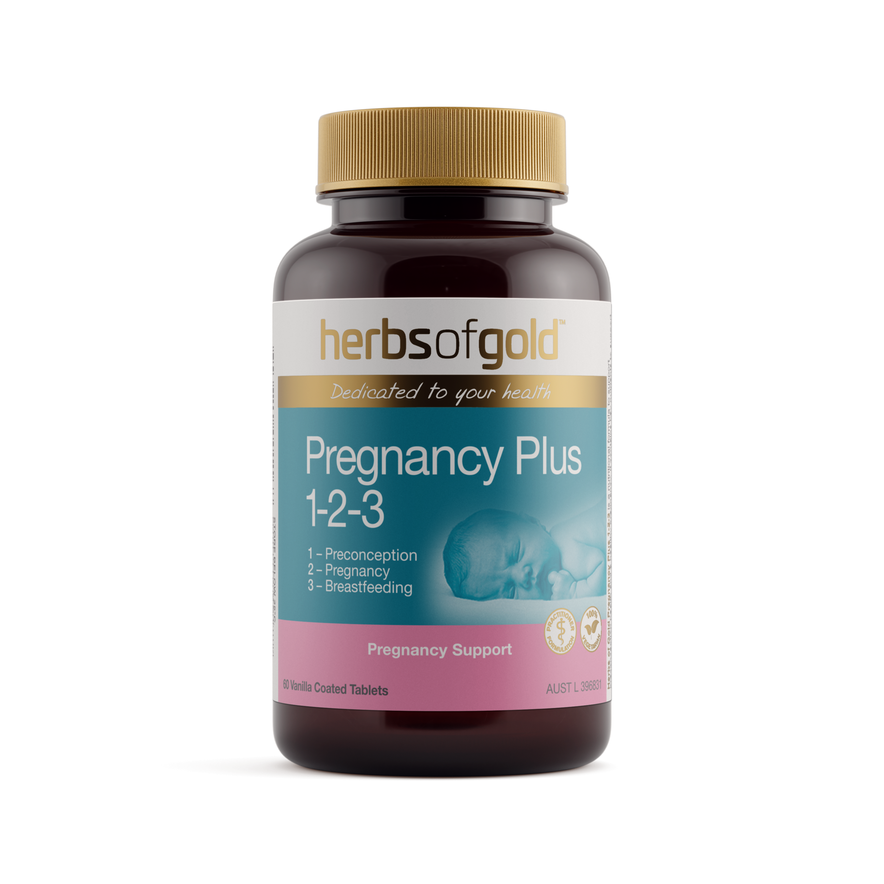 Front view of Herbs of Gold Pregnancy Plus 1-2-3 60 tablets