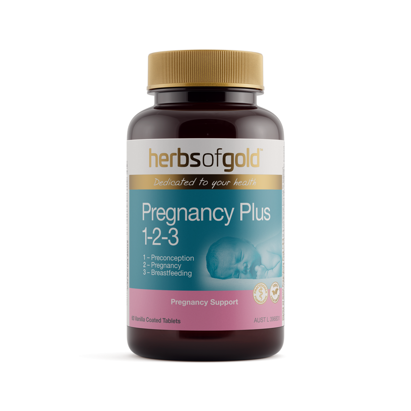 Front view of Herbs of Gold Pregnancy Plus 1-2-3 60 tablets