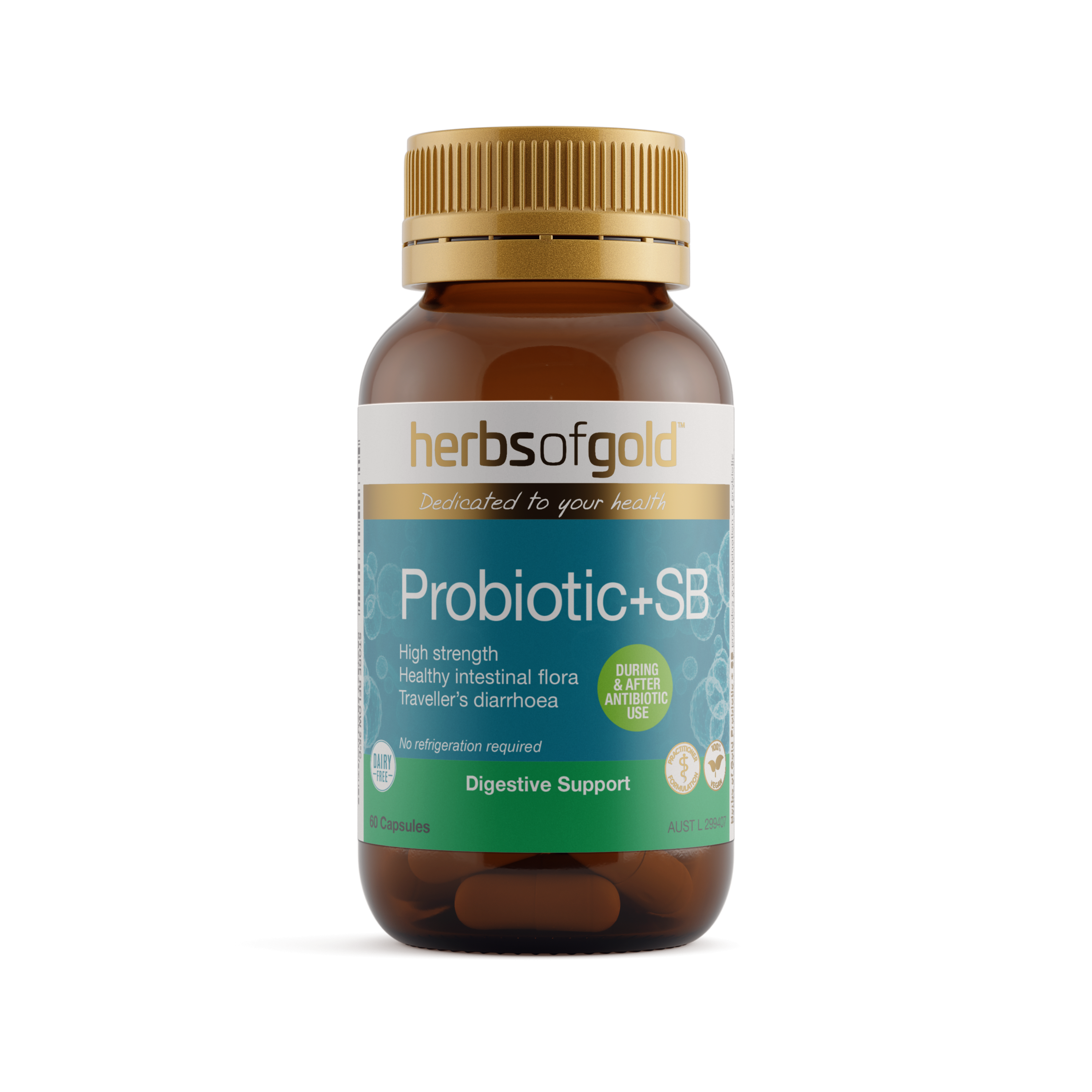 Front view of Herbs of Gold Probiotic + SB 60 capsules