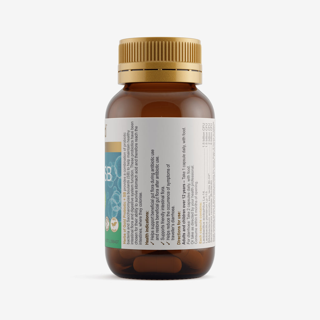 Ingredients panel for Herbs of Gold Probiotic + SB 60 capsules