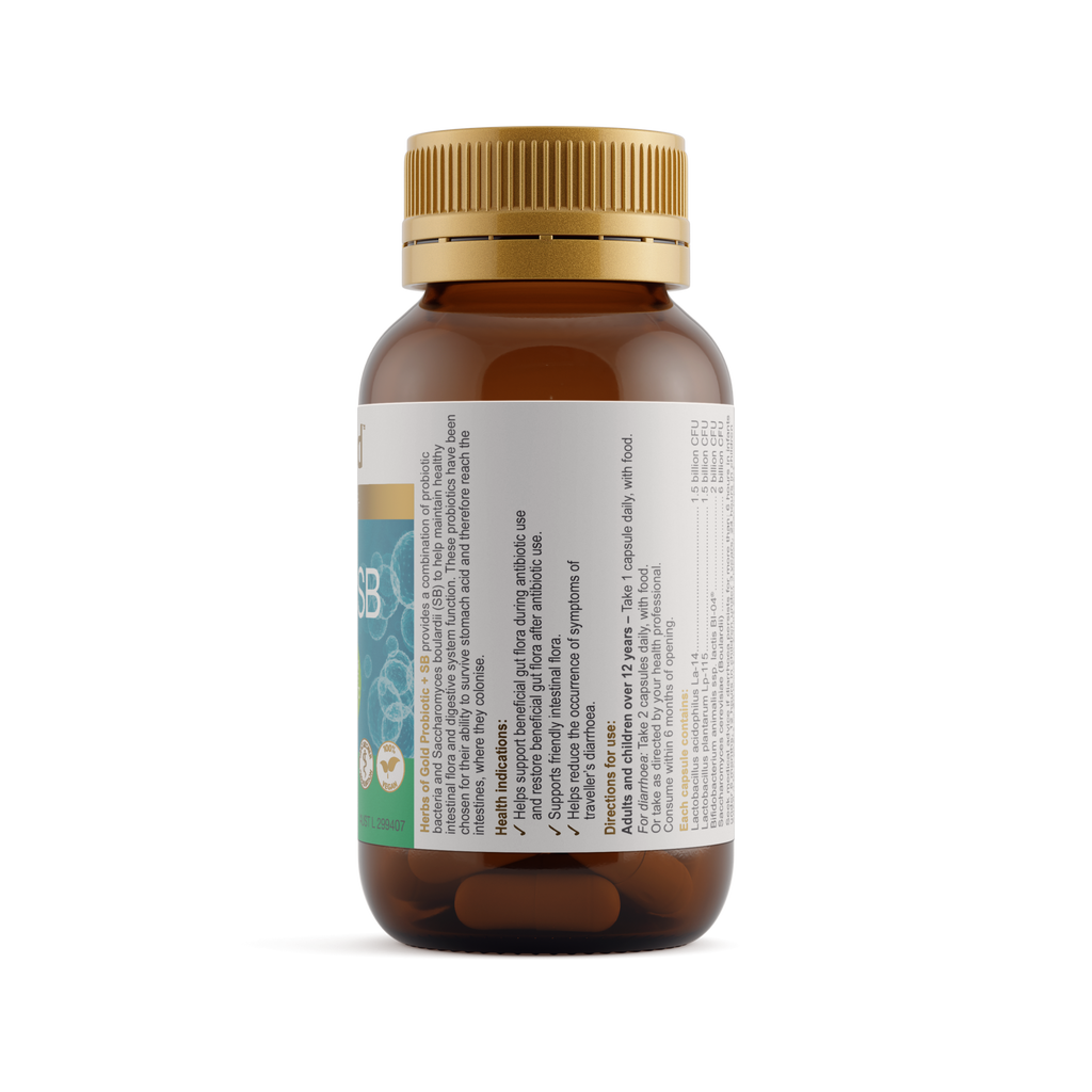 Ingredients panel for Herbs of Gold Probiotic + SB 60 capsules