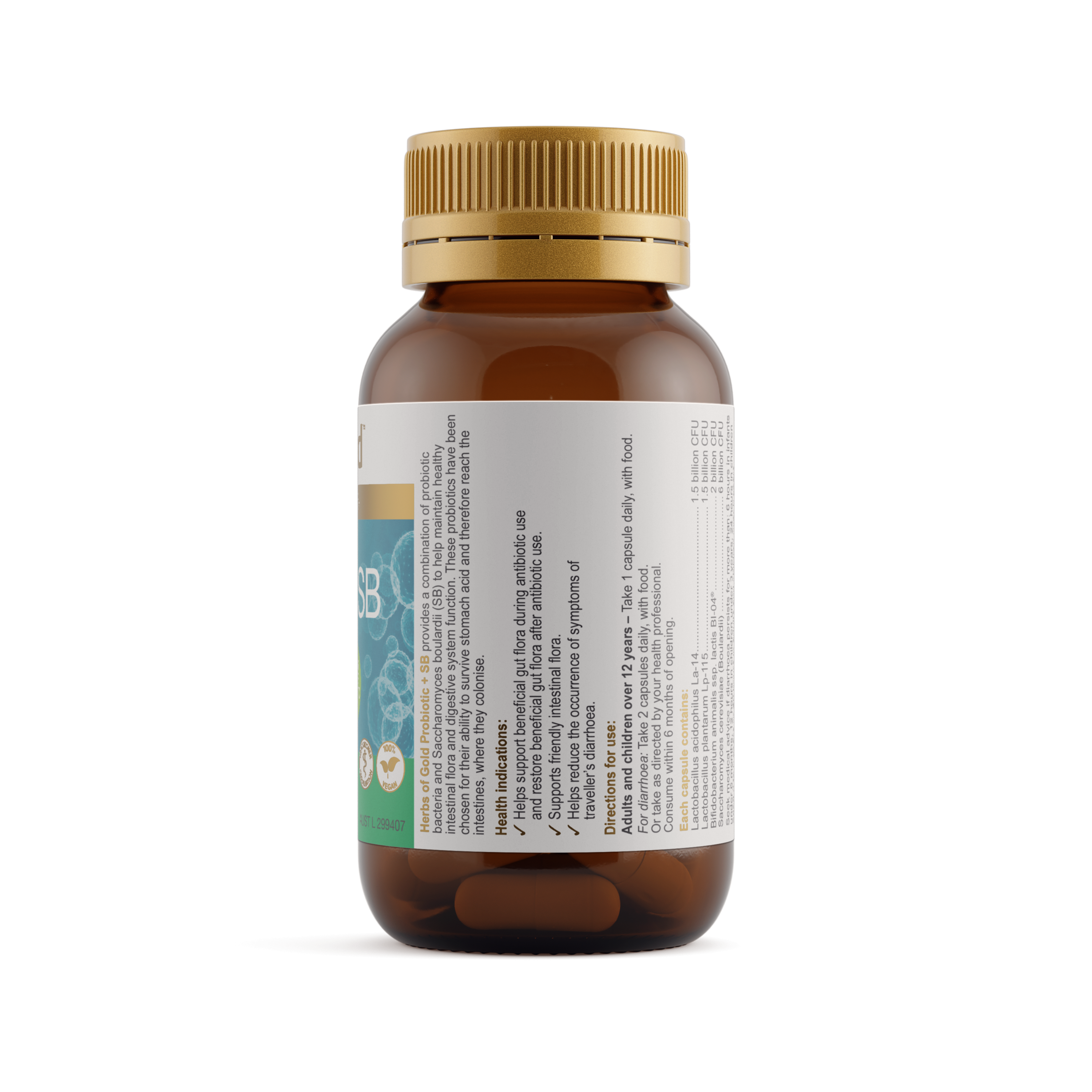 Ingredients panel for Herbs of Gold Probiotic + SB 60 capsules