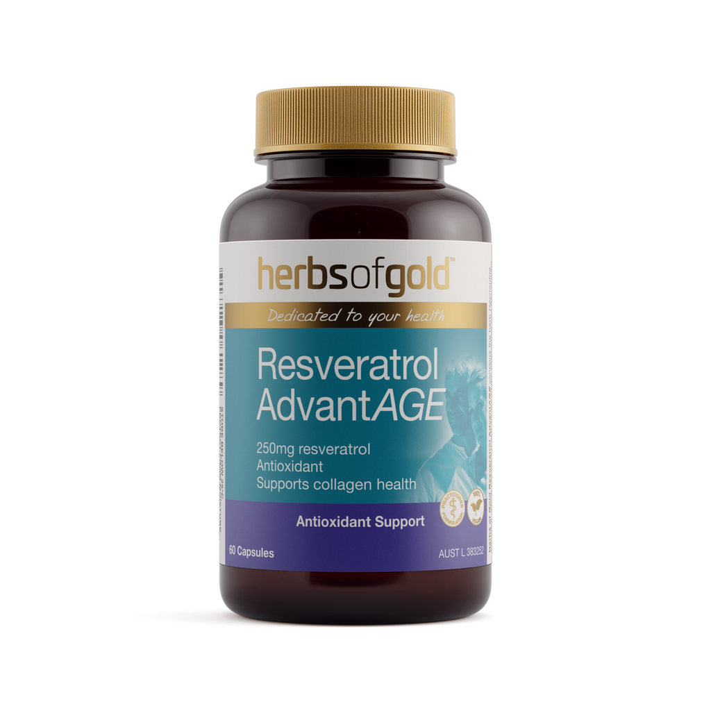 Front view of Herbs of Gold Resveratrol Advantage 60 capsules