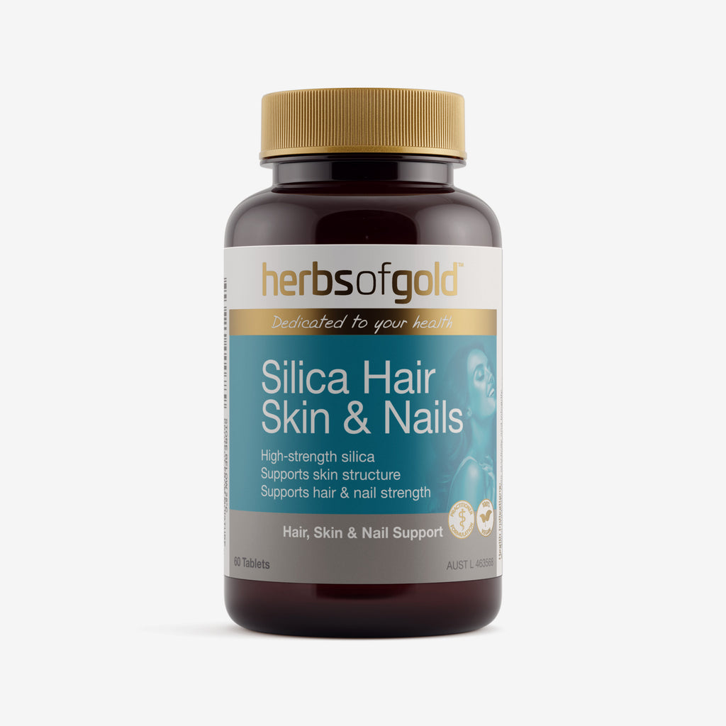 Front view of Herbs of Gold Silica Hair Skin & Nails 60 tablets