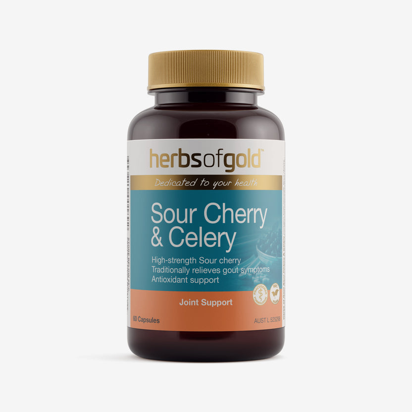 Front view of Herbs of Gold Sour Cherry & Celery 60 capsules