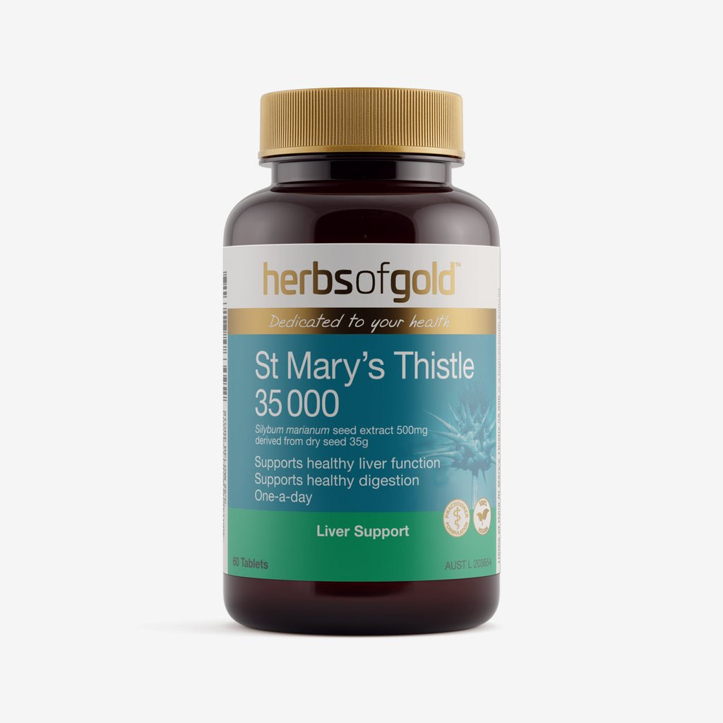Front view of Herbs of Gold St Mary's Thistle 35 000 60 tablets