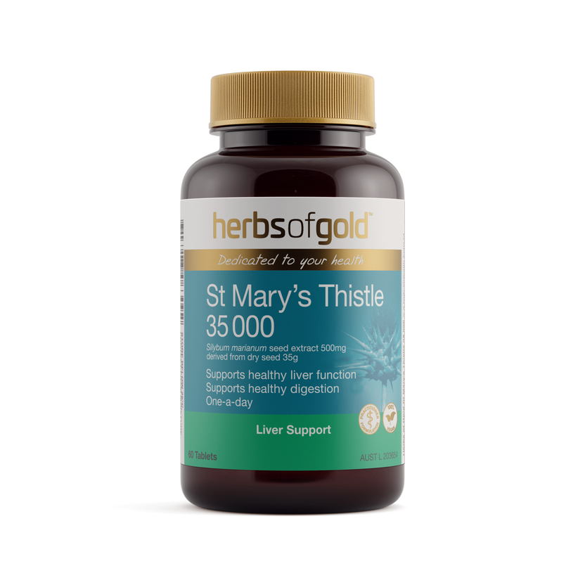 Front view of Herbs of Gold St Mary's Thistle 35 000 60 tablets