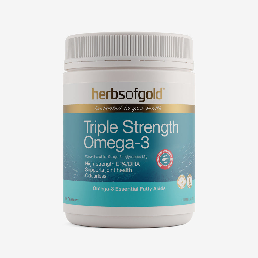 Front view of Herbs of Gold Triple Strength Omega-3 150 capsules