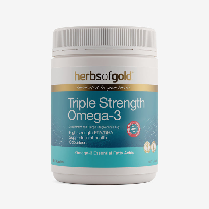 Front view of Herbs of Gold Triple Strength Omega-3 150 capsules