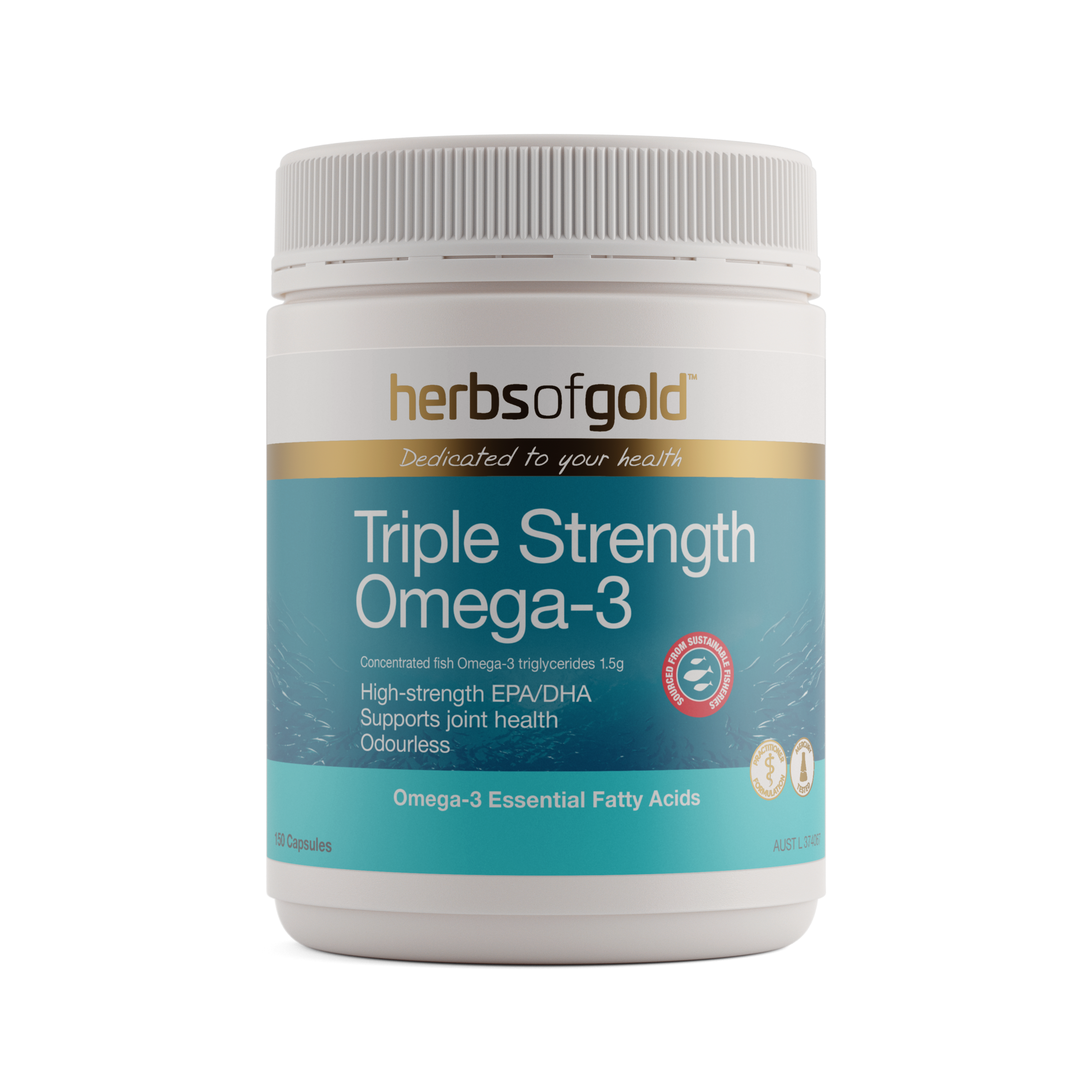 Front view of Herbs of Gold Triple Strength Omega-3 150 capsules