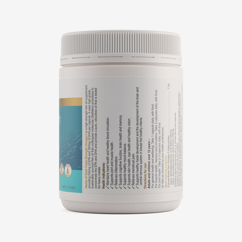 Ingredients panel for Herbs of Gold Triple Strength Omega-3 150 capsules