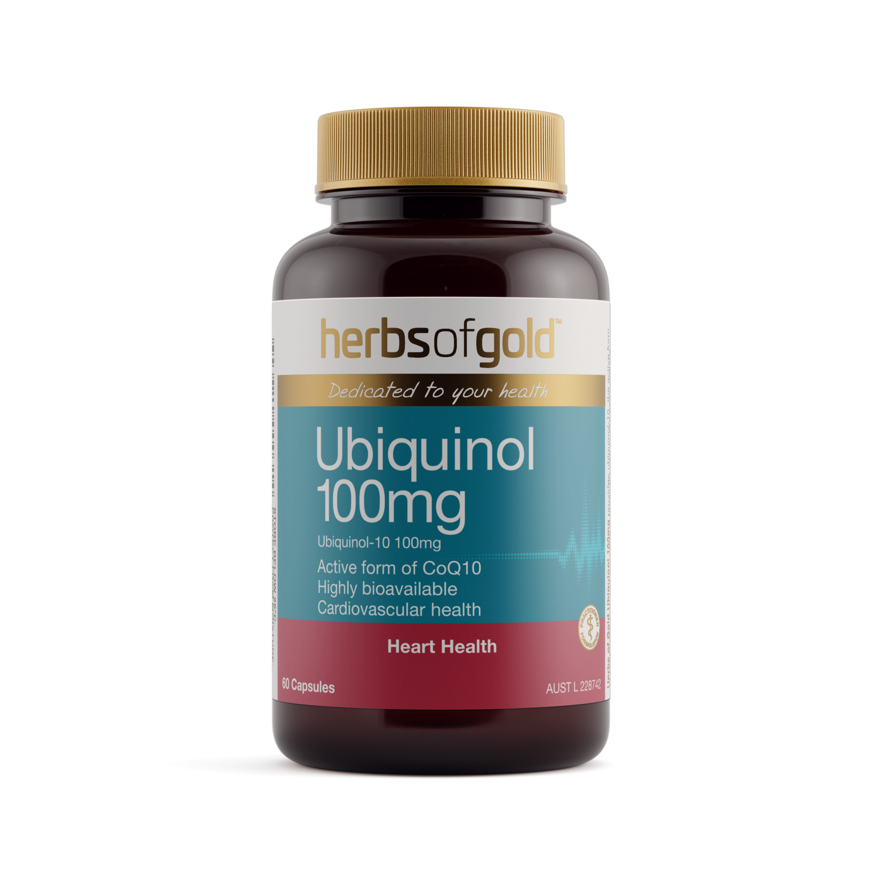 Front view of Herbs of Gold Ubiquinol 100mg 60 capsules