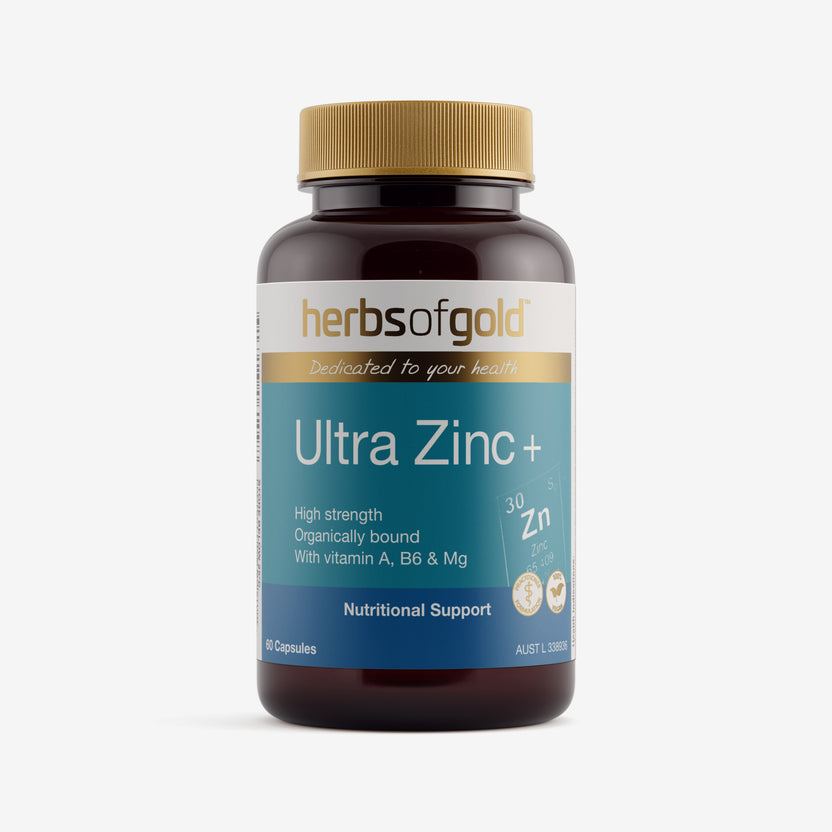 Front view of Herbs of Gold Ultra Zinc+ 60 capsules