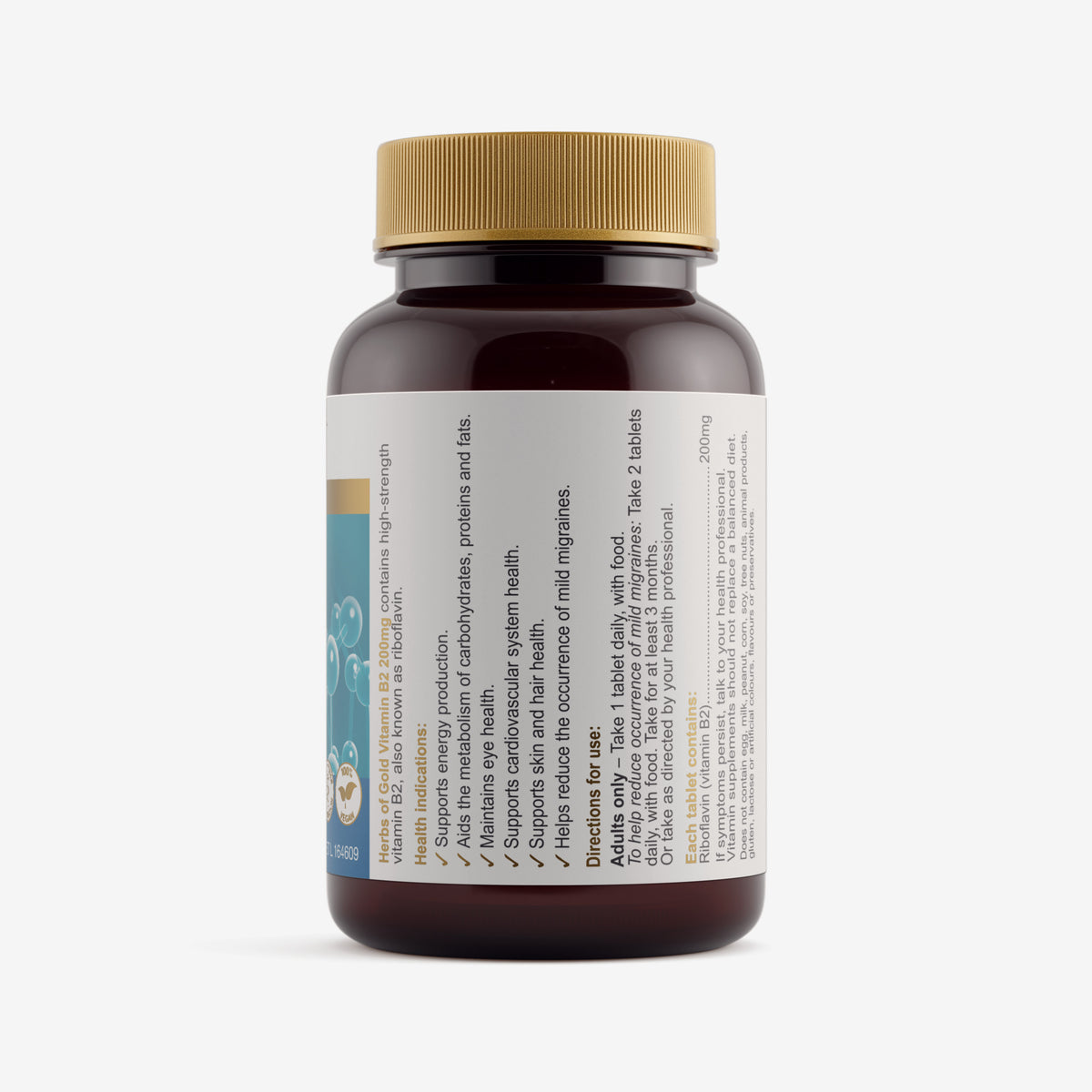 Ingredients panel for Herbs of Gold Vitamin B2 200mg 60 tablets
