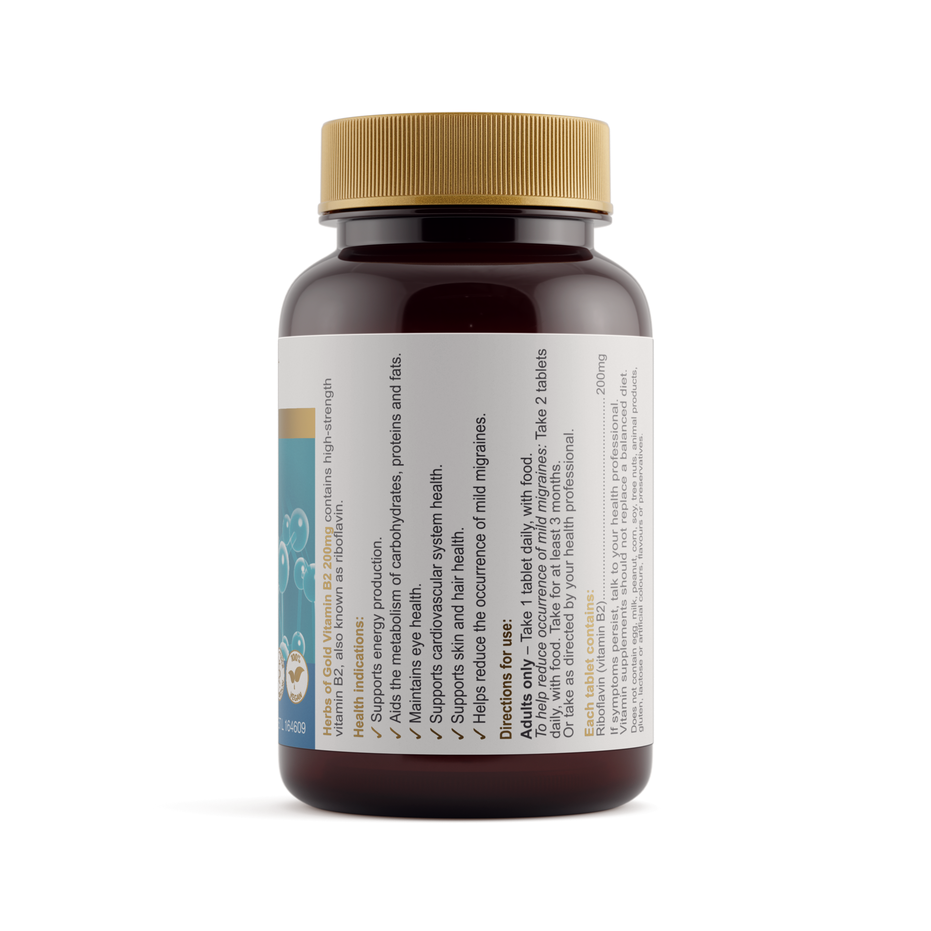 Ingredients panel for Herbs of Gold Vitamin B2 200mg 60 tablets