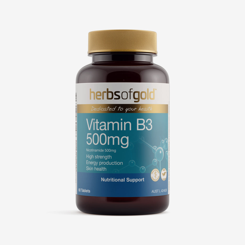 Front view of Herbs of Gold Vitamin B3 500mg 60 tablets