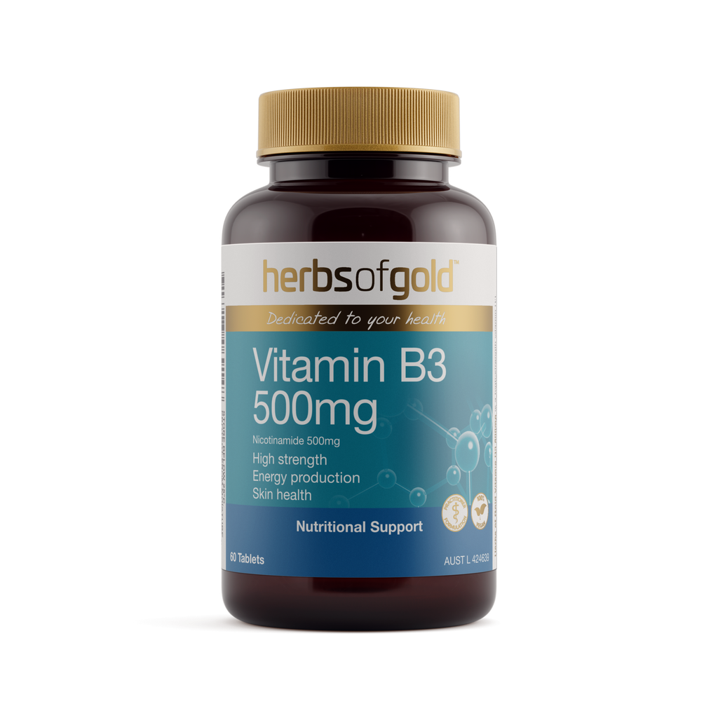 Front view of Herbs of Gold Vitamin B3 500mg 60 tablets