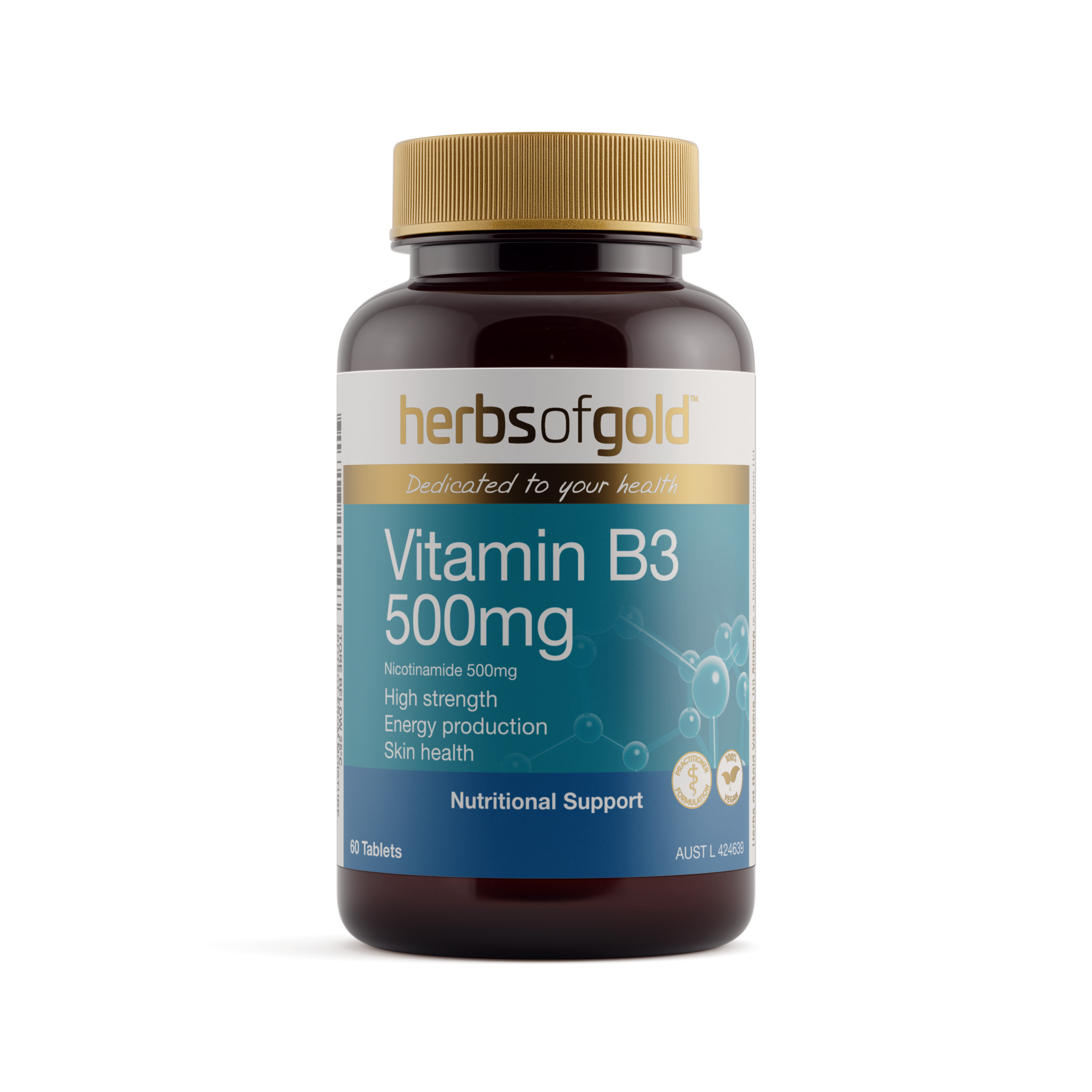 Front view of Herbs of Gold Vitamin B3 500mg 60 tablets