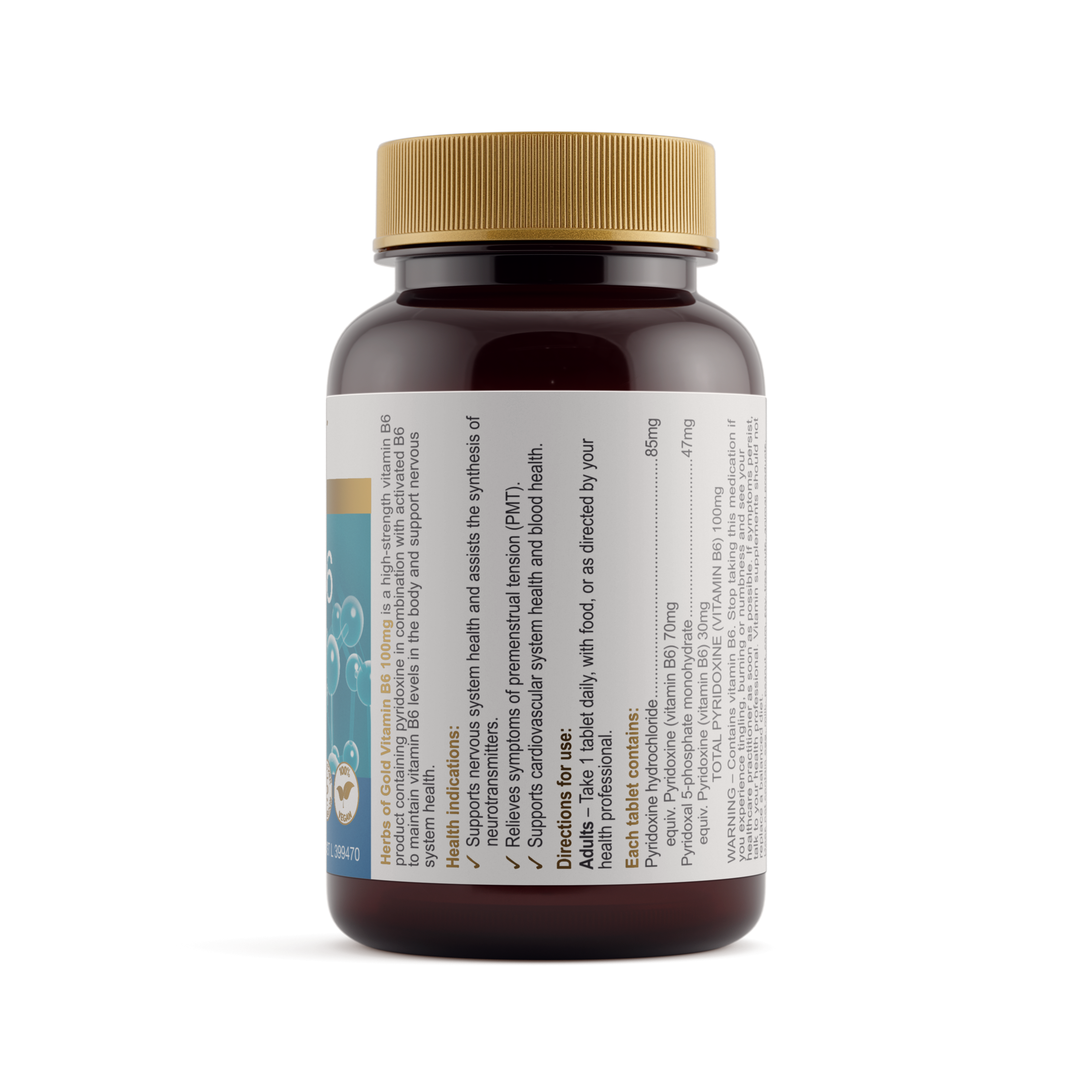 Ingredients panel for Herbs of Gold Vitamin B6 100mg 60 tablets