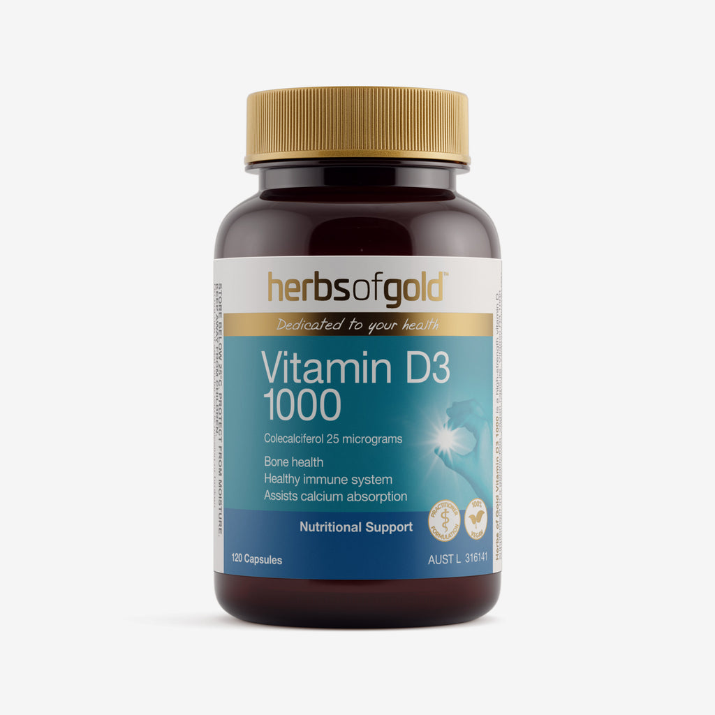 Front view of Herbs of Gold Vitamin D3 1000 120 capsules