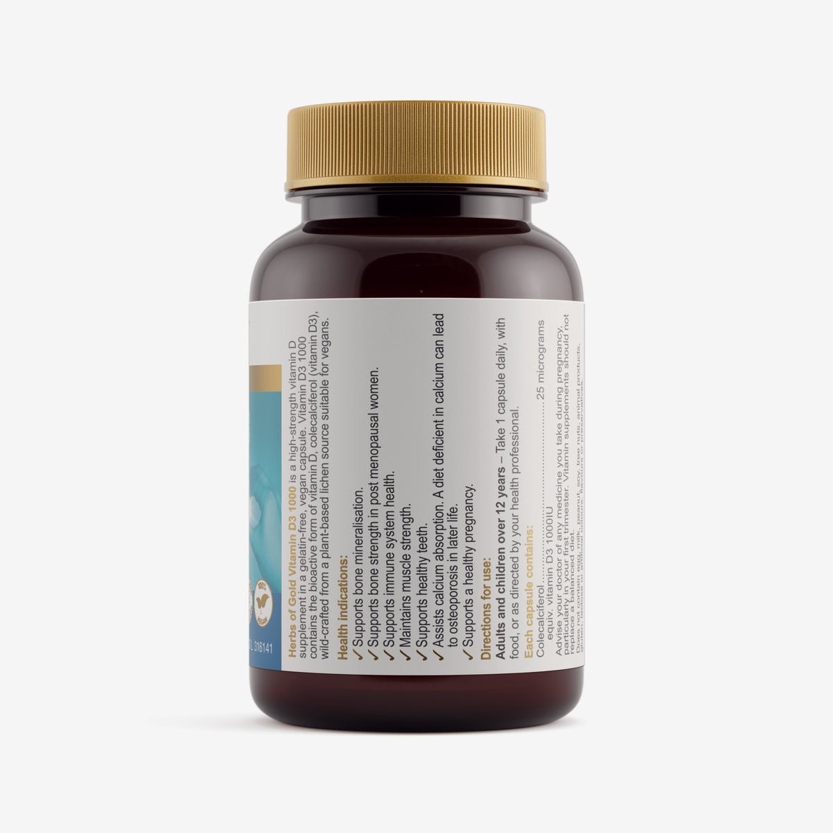 Ingredients panel for Herbs of Gold Vitamin D3 1000 120 capsules