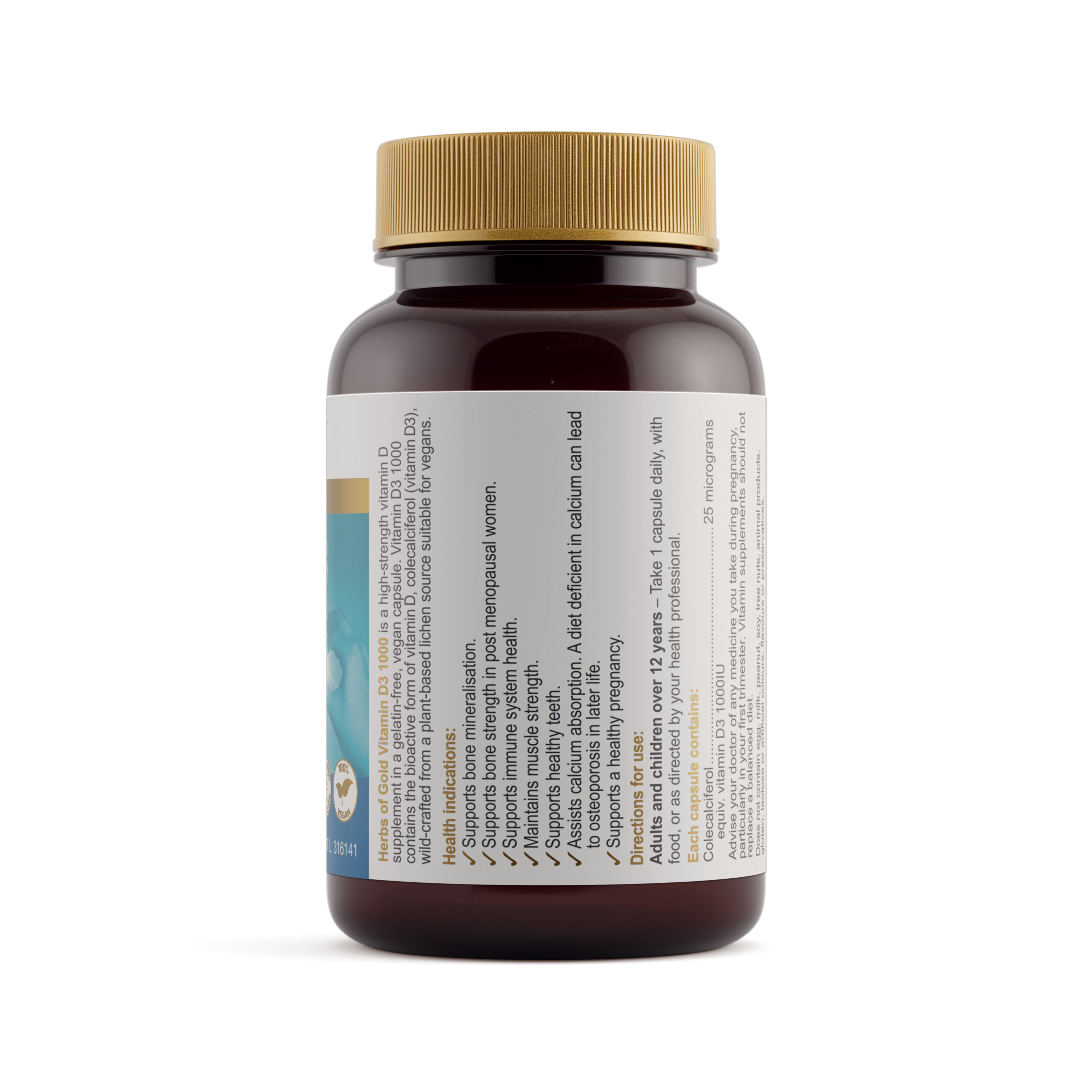 Ingredients panel for Herbs of Gold Vitamin D3 1000 120 capsules