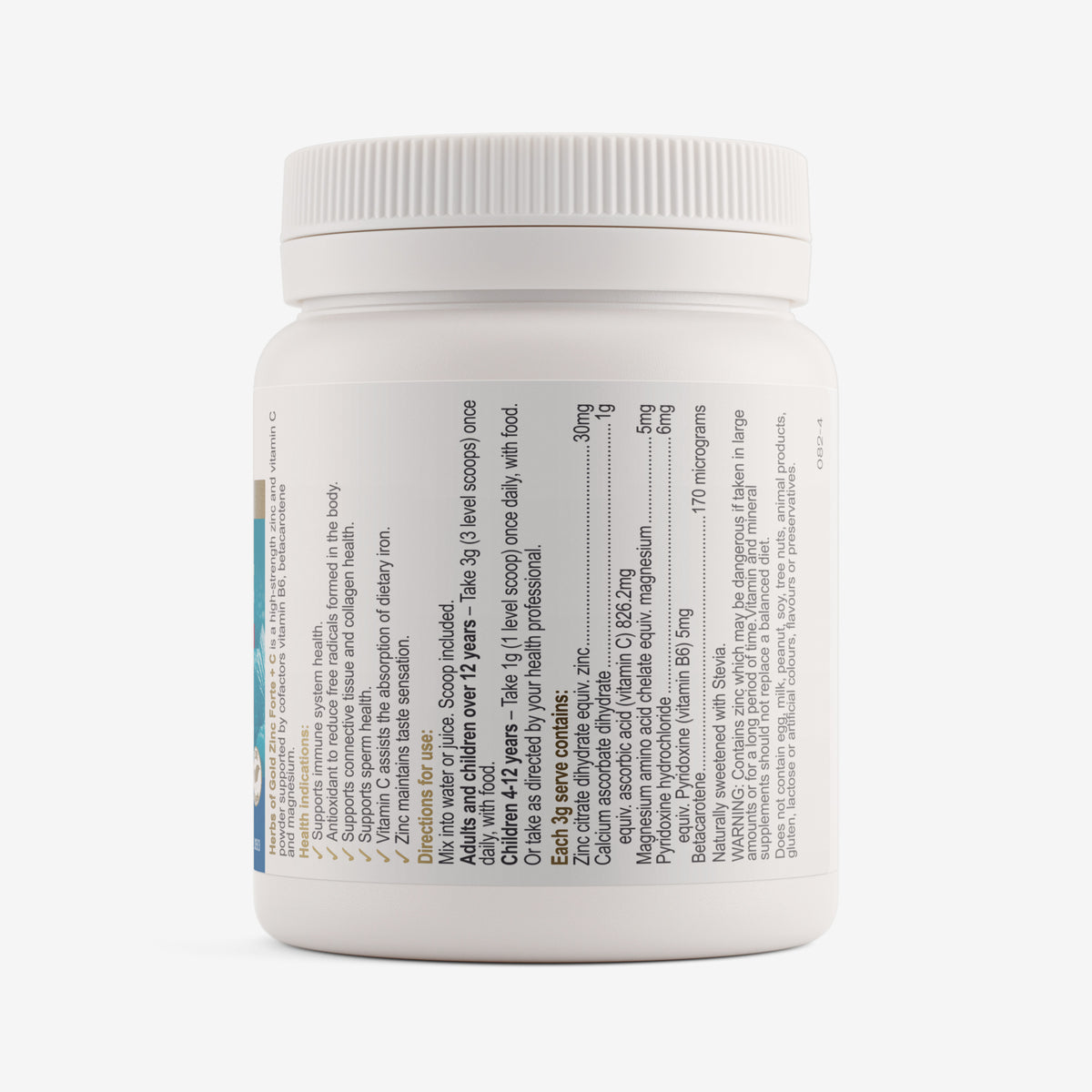 Ingredients panel for Herbs of Gold Zinc Forte + C 100g