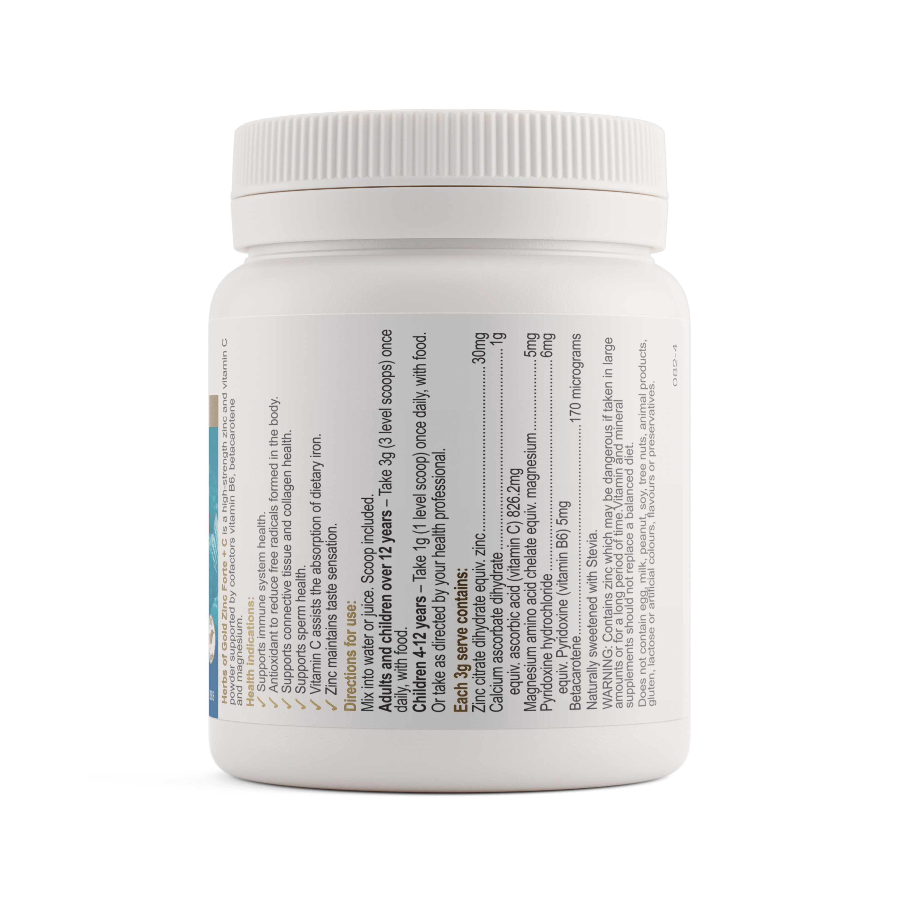 Ingredients panel for Herbs of Gold Zinc Forte + C 100g